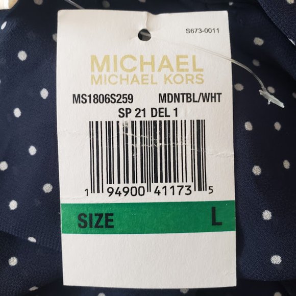 SOLD Michael Kors Womens Dress Large Polka Dot Georgette Tie-Neck Navy Poet Slv - Picture 10 of 12